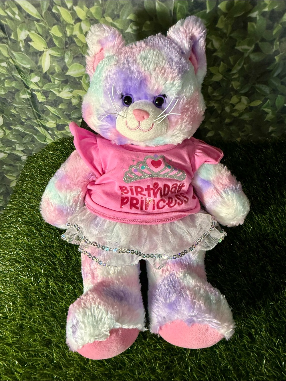 Build A Bear Cat Kitty Plush Pastel Swirl Pink Purple 16" Happy Birthday